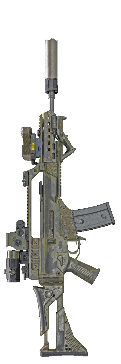 Maschinengewehr mit Tarnmuster und Zubehör, horizontal ausgerichtet.