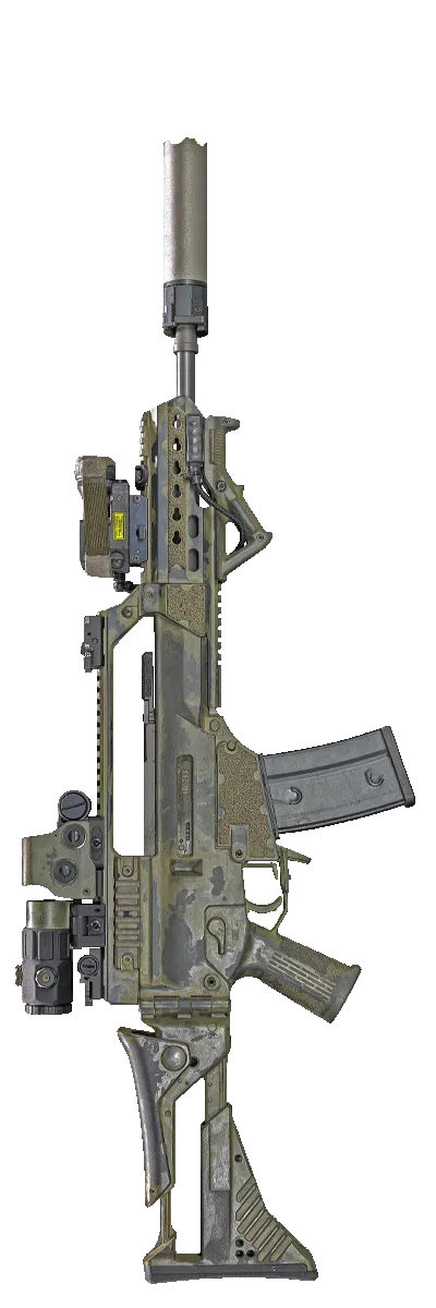 Maschinengewehr mit Tarnmuster und Zubehör, horizontal ausgerichtet.