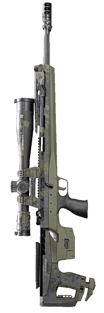 Langgewehr mit Tarnmuster, Zielglas, Silencer und Schulterstütze auf schwarzem Hintergrund.